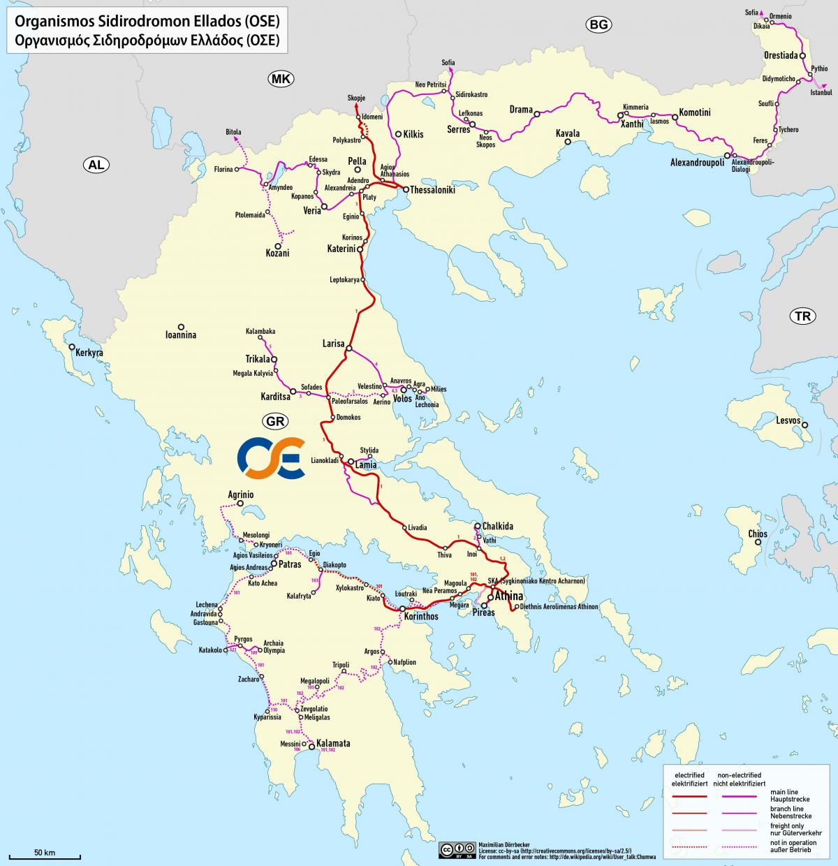 Mappa delle linee ferroviarie della Grecia